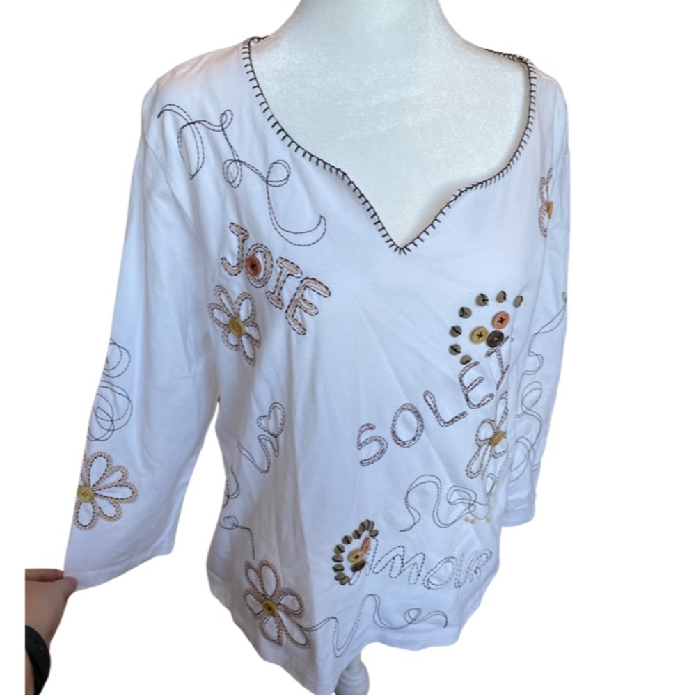 Hearts of Palm gorgeous ‘Joie Soleil’ blouse w/button and embroidered details XL